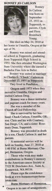 Bonney Jo Young Carlson obituary - June 2010 - Class of 1951