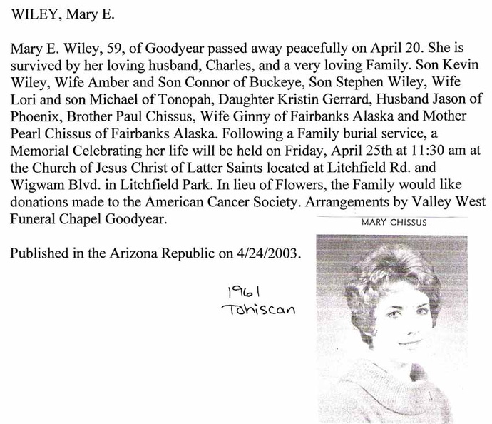 Mary (Chissus) Wiley obit - 2003