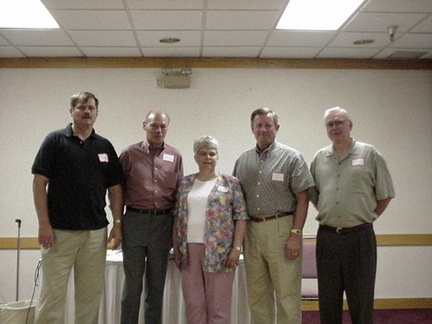 36th Reunion held jointly with Class of '65 and '64 in 2000. Left to Right: Leon Macomber, Don Summers, Kay Plemmons, Claude Sum