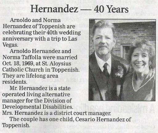 Norma Taffolla Hernandez ('68) - 40th Wedding Anniversary - Oct 2009