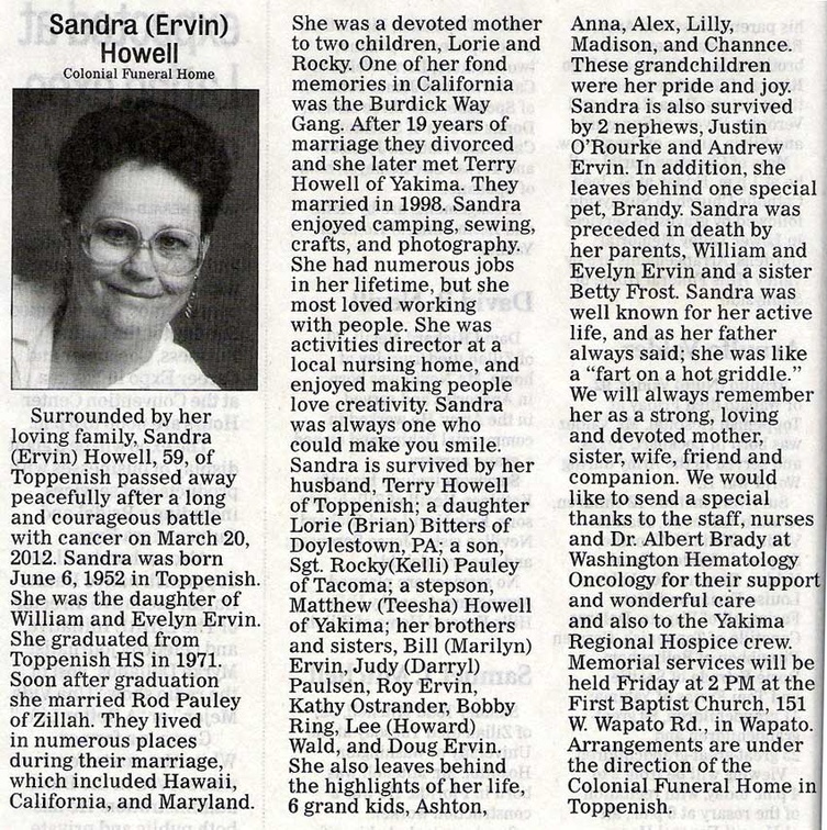 Sandra Ervin Howell obituary - March 2012 - Class of 1971