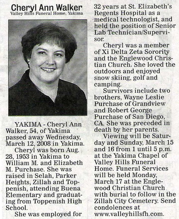 Cheryl Purchase Walker obituary - March 2008