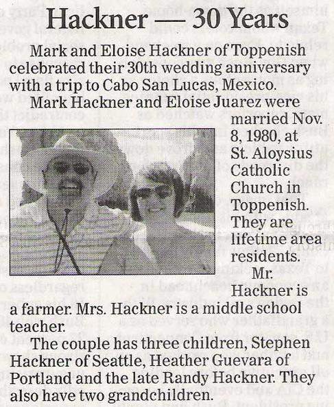 Mark ('76) &amp; Eloise Juarez Hackner - 30th Wedding Anniversary Announcement - November 2010