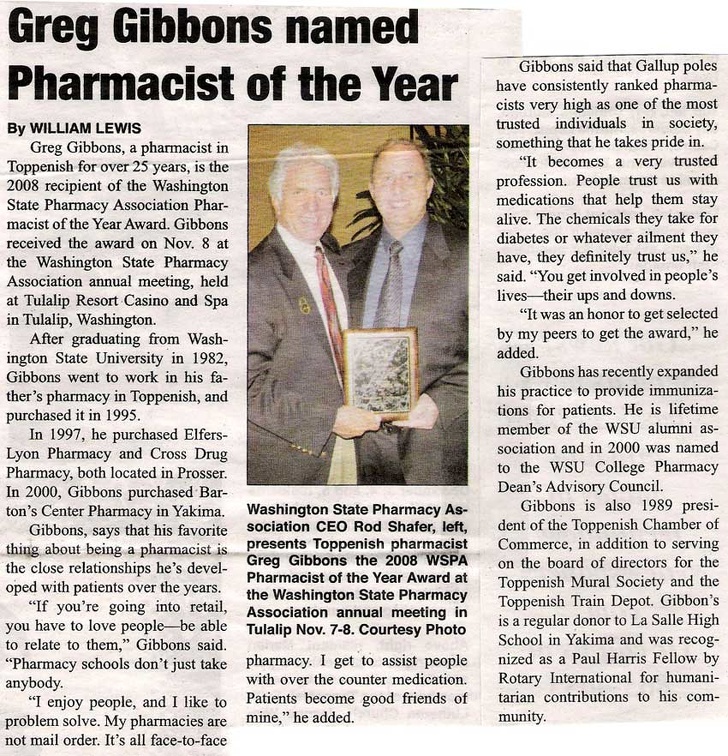 Greg Gibbons ('77) - Pharmacist of the Year Award - Dec 2008