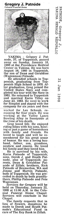 Greg Patnode obituary - January 1998