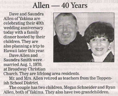Dave &amp; Saundra Allen - 40th Wedding Anniversary - 2010 - former Toppenish teachers
