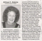 Althea Adams obituary - January 2010 - former teacher
