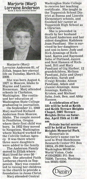 Marj Anderson obituary - April 2009 - former teacher and librarian