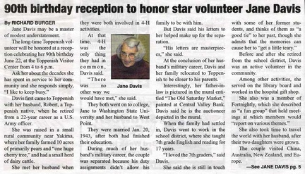 Jane Davis 90th Birthday celebration article - June 2010 - former Toppenish teacher - Part 1