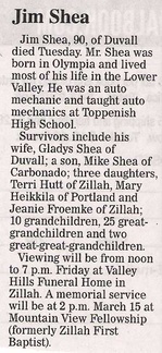 Jim Shea death notice -Auto Mechanics teacher - March 8, 2014