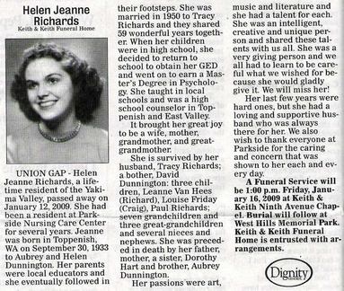 Mrs. Helen Richards obituary - January 2009 - former Top-Hi counselor - 1971 to ?