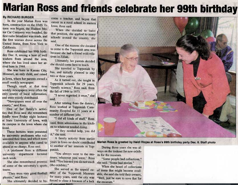 Marian Ross (former teacher 1944-1973) celebrates 99th Birthday - Dec 2008.