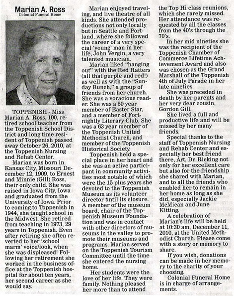 Marian Ross obituary - Nov 2010 - former Top-Hi teacher 1944-1973