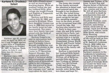 Karlene Selset obituary - April 2010 - former Top-Hi teacher