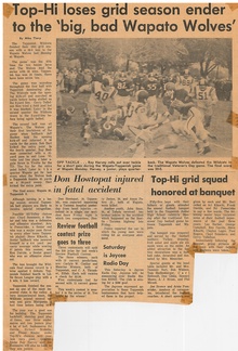 1963.1111 Toppenish High School Loses to Wapato 20-0 in final game of Season. Top Hi Grid Squad honored at Banquet. Maurine Winter wins Football Contest.