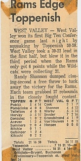 1964.0104  Newspaper account of the Toppenish West Valley Game at West Valley High School January 4, 1964  