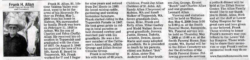 Frank Allan obituary - May 2009 - Class of 1937
