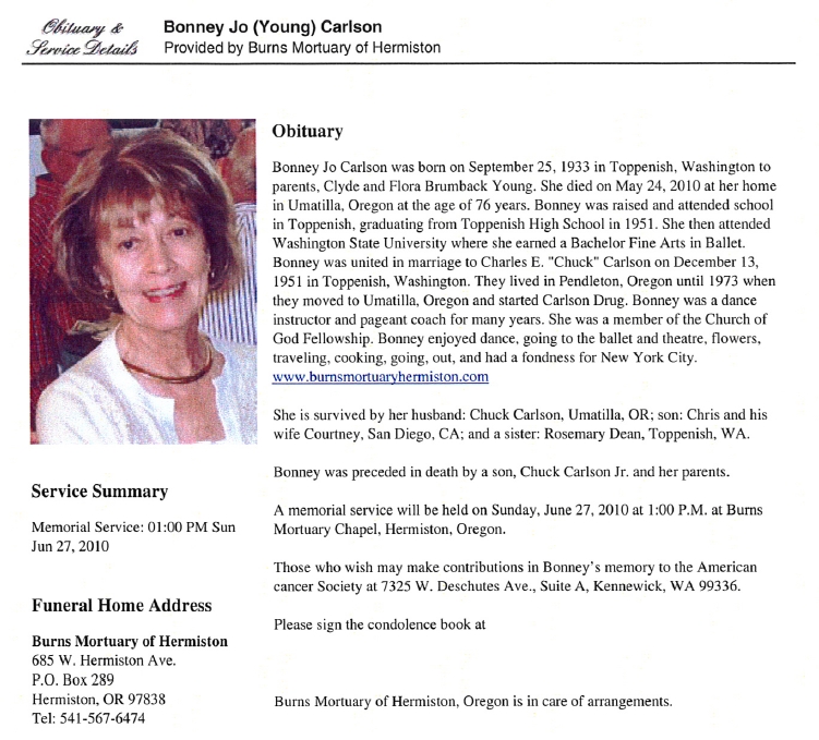 Bonney Jo Young Carlson Obituary - Class of 51