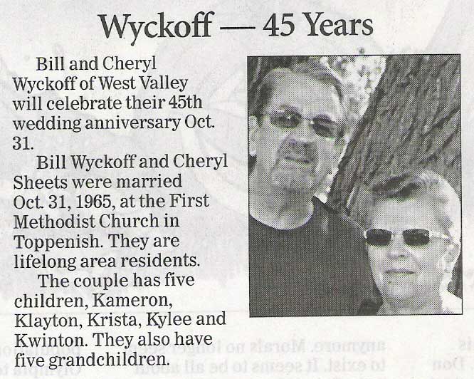 Bill Wyckoff ('65) - 45th Wedding Anniversary announcement - Oct 2010